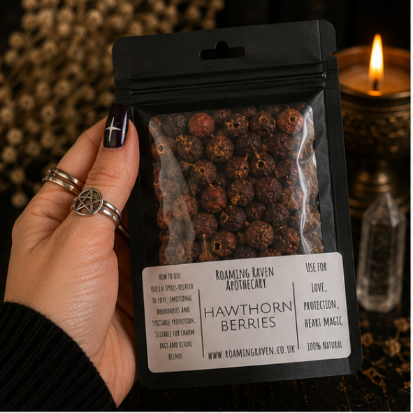 Dried Hawthorn Berries in a resealable apothecary pouch for herbal craft, ritual and botanical collections by Roaming Raven.