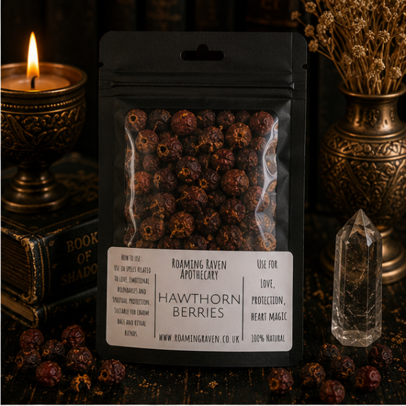 Dried Hawthorn Berries in a resealable apothecary pouch for herbal craft, ritual and botanical collections by Roaming Raven.