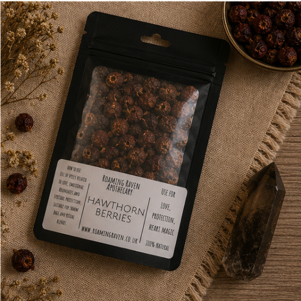 Dried Hawthorn Berries in a resealable apothecary pouch for herbal craft, ritual and botanical collections by Roaming Raven.