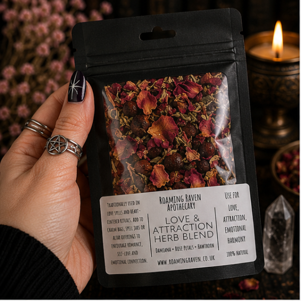 Love & Attraction Herb Blend featuring damiana, rose petals, hawthorn and botanicals in a resealable apothecary pouch by Roaming Raven.