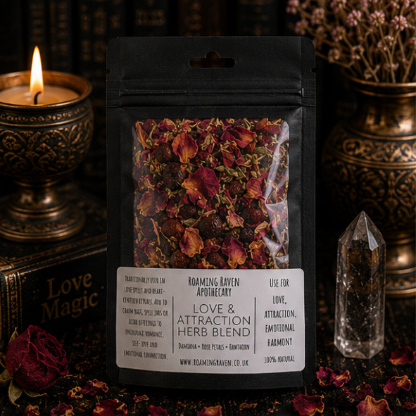 Love & Attraction Herb Blend featuring damiana, rose petals, hawthorn and botanicals in a resealable apothecary pouch by Roaming Raven.