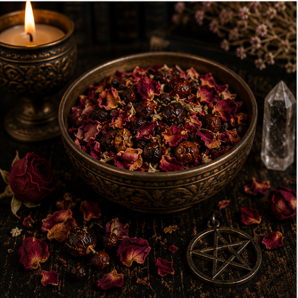 Love & Attraction Herb Blend featuring damiana, rose petals, hawthorn and botanicals in a resealable apothecary pouch by Roaming Raven.