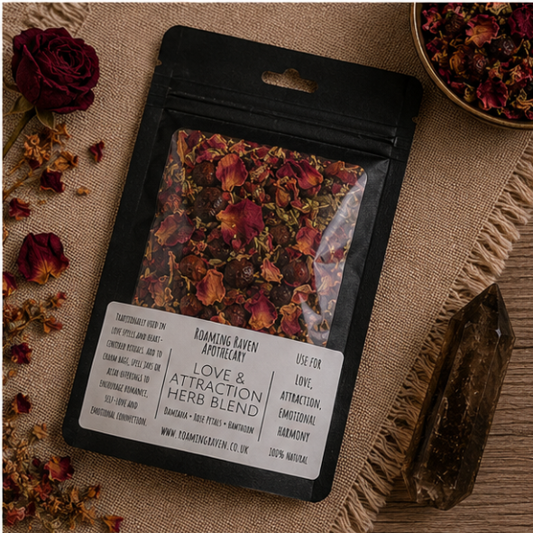 Love & Attraction Herb Blend featuring damiana, rose petals, hawthorn and botanicals in a resealable apothecary pouch by Roaming Raven.