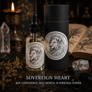 Sovereign Heart Lion Intention Oil in a 30ml glass bottle with luxury presentation tube, clear quartz and black obsidian by Roaming Raven.