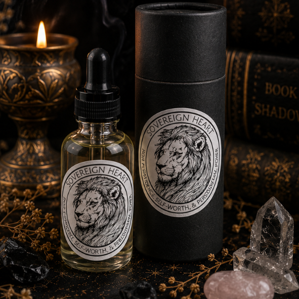 Sovereign Heart Lion Intention Oil in a 30ml glass bottle with luxury presentation tube, clear quartz and black obsidian by Roaming Raven.
