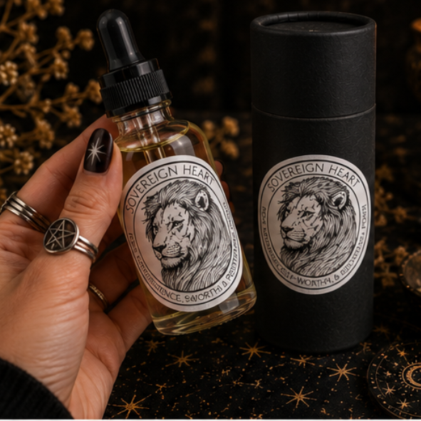 Sovereign Heart Lion Intention Oil in a 30ml glass bottle with luxury presentation tube, clear quartz and black obsidian by Roaming Raven.