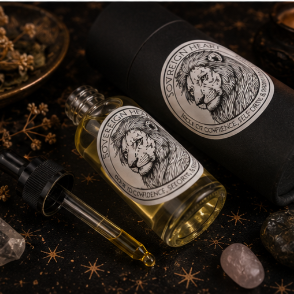 Sovereign Heart Lion Intention Oil in a 30ml glass bottle with luxury presentation tube, clear quartz and black obsidian by Roaming Raven.