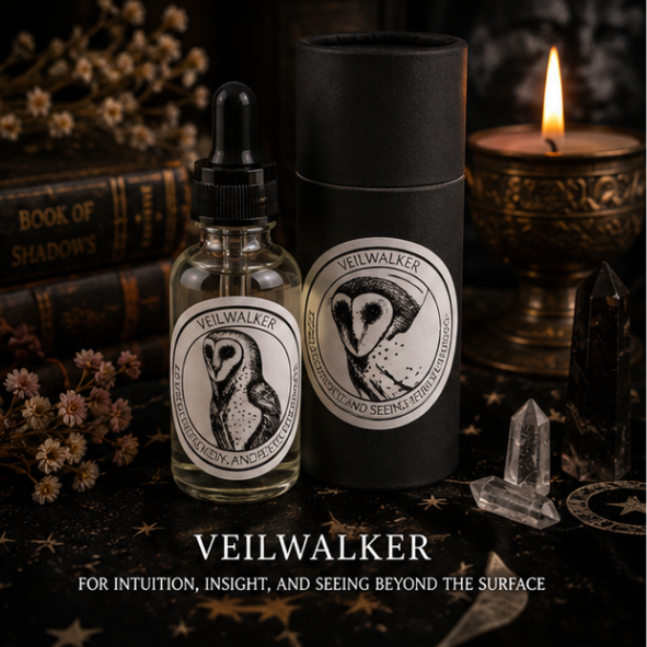 Veilwalker Owl Intention Oil in a 30ml glass bottle with luxury presentation tube, clear quartz and amethyst by Roaming Raven.