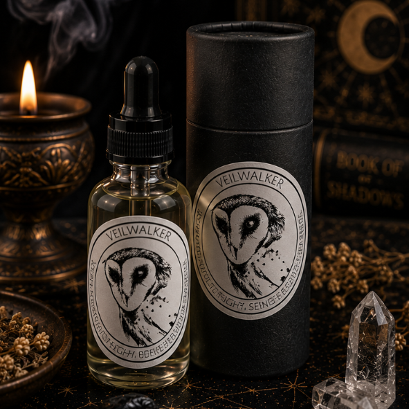 Veilwalker Owl Intention Oil in a 30ml glass bottle with luxury presentation tube, clear quartz and amethyst by Roaming Raven.