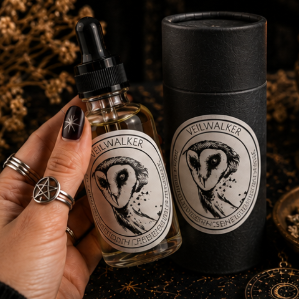 Veilwalker Owl Intention Oil in a 30ml glass bottle with luxury presentation tube, clear quartz and amethyst by Roaming Raven.