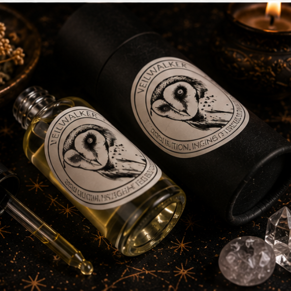 Veilwalker Owl Intention Oil in a 30ml glass bottle with luxury presentation tube, clear quartz and amethyst by Roaming Raven.