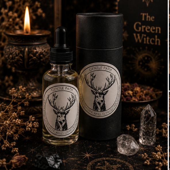 Gentle Path Deer Intention Oil in a 30ml glass bottle with luxury presentation tube, clear quartz and citrine by Roaming Raven.
