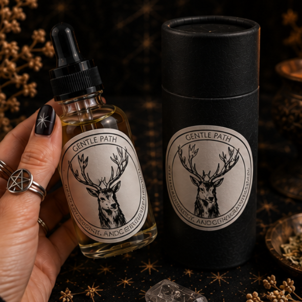 Gentle Path Deer Intention Oil in a 30ml glass bottle with luxury presentation tube, clear quartz and citrine by Roaming Raven.