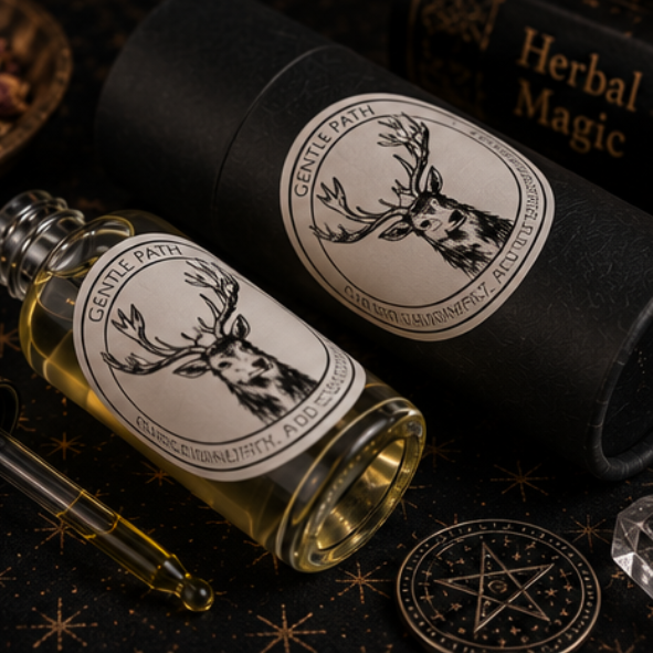 Gentle Path Deer Intention Oil in a 30ml glass bottle with luxury presentation tube, clear quartz and citrine by Roaming Raven.