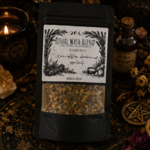 Golden Path Ritual Wash Blend with botanical herbs and mineral salts for abundance, prosperity, luck and opportunity rituals by Roaming Raven