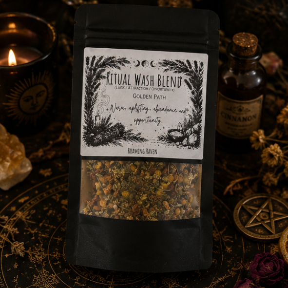 Golden Path Ritual Wash Blend with botanical herbs and mineral salts for abundance, prosperity, luck and opportunity rituals by Roaming Raven