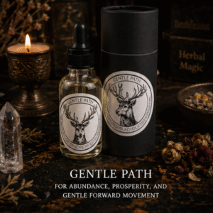 Gentle Path abundance ritual oil with deer spirit design in glass dropper bottle and gift tube by Roaming Raven