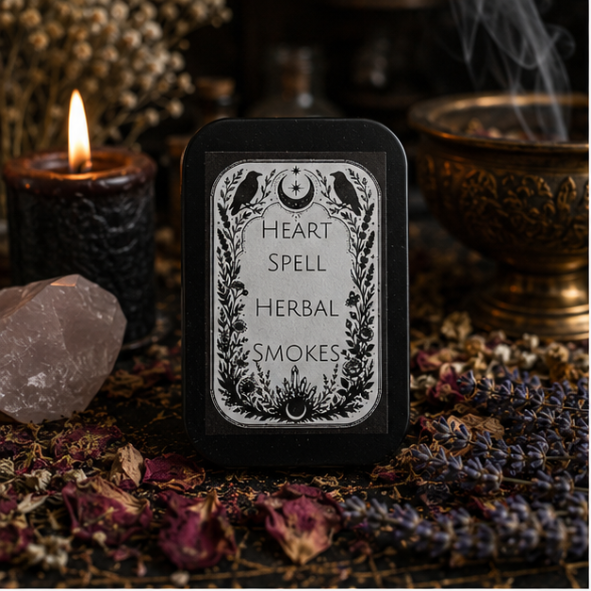 Heart Spell Herbal Smokes in a reusable tin containing 10 handcrafted tobacco-free botanical herbal smokes by Roaming Raven.