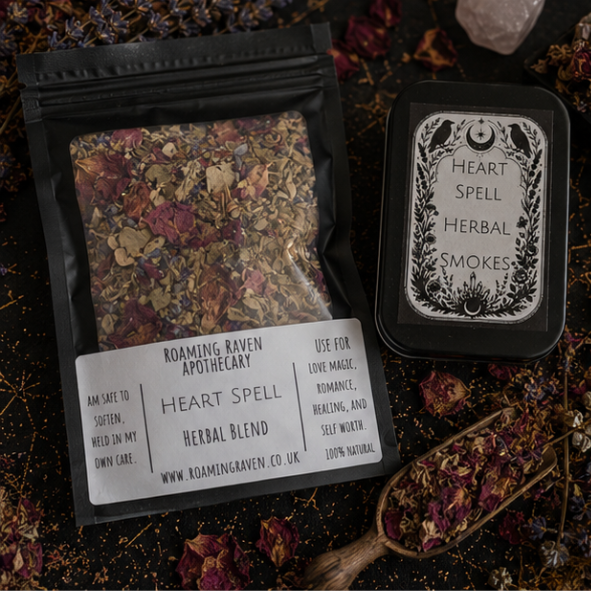 Heart Spell Herbal Smokes in a reusable tin containing 10 handcrafted tobacco-free botanical herbal smokes by Roaming Raven.