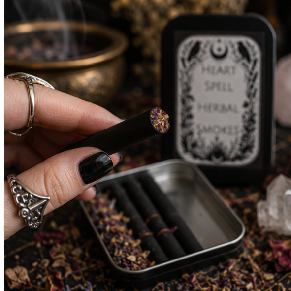 Heart Spell Herbal Smokes in a reusable tin containing 10 handcrafted tobacco-free botanical herbal smokes by Roaming Raven.