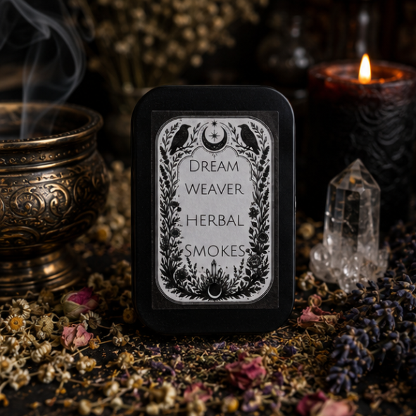 Dream Weaver Herbal Smokes in a reusable tin containing 10 handcrafted tobacco-free botanical herbal smokes by Roaming Raven.