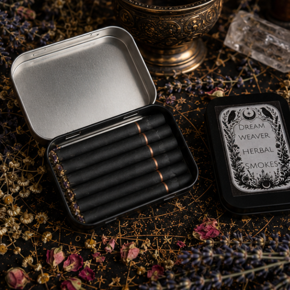 Dream Weaver Herbal Smokes in a reusable tin containing 10 handcrafted tobacco-free botanical herbal smokes by Roaming Raven.