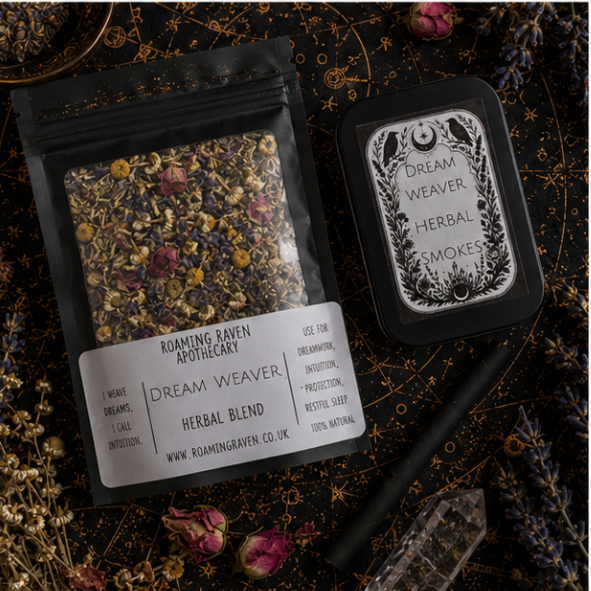 Dream Weaver Herbal Smokes in a reusable tin containing 10 handcrafted tobacco-free botanical herbal smokes by Roaming Raven.