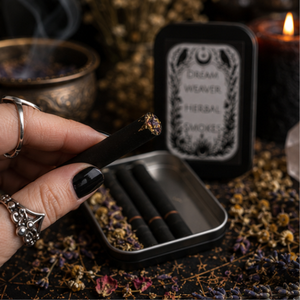 Dream Weaver Herbal Smokes in a reusable tin containing 10 handcrafted tobacco-free botanical herbal smokes by Roaming Raven.