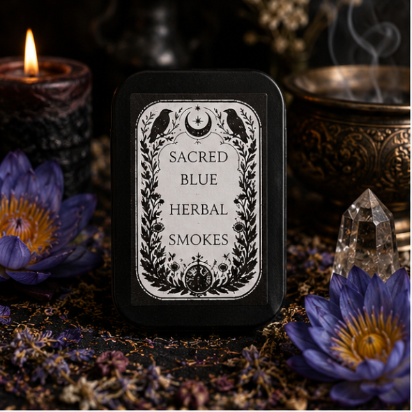 Sacred Blue Herbal Smokes featuring pure Blue Lotus, presented in a reusable tin with 8 handcrafted herbal smokes by Roaming Raven.