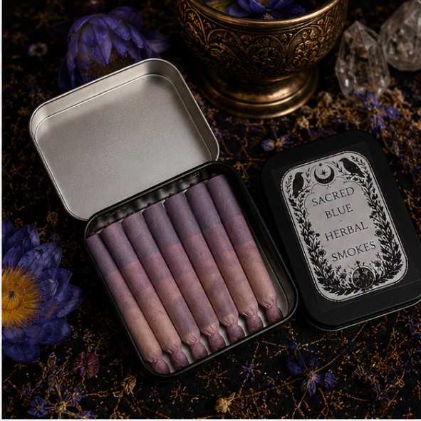 Sacred Blue Herbal Smokes featuring pure Blue Lotus, presented in a reusable tin with 8 handcrafted herbal smokes by Roaming Raven.