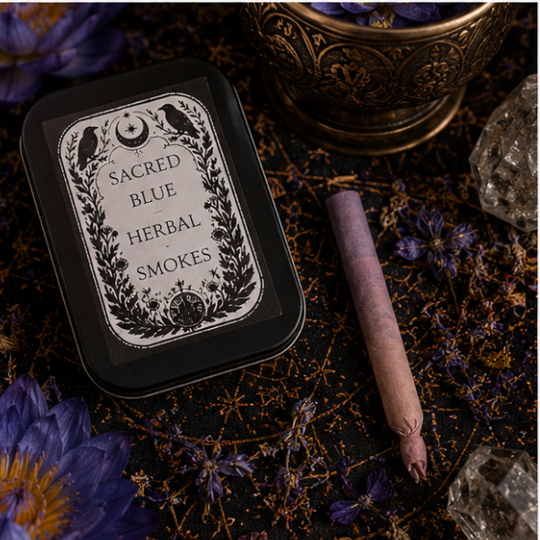 Sacred Blue Herbal Smokes featuring pure Blue Lotus, presented in a reusable tin with 8 handcrafted herbal smokes by Roaming Raven.