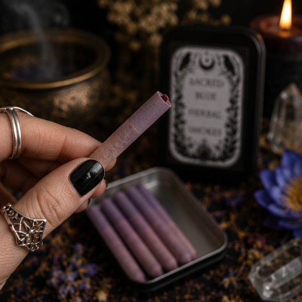 Sacred Blue Herbal Smokes featuring pure Blue Lotus, presented in a reusable tin with 8 handcrafted herbal smokes by Roaming Raven.