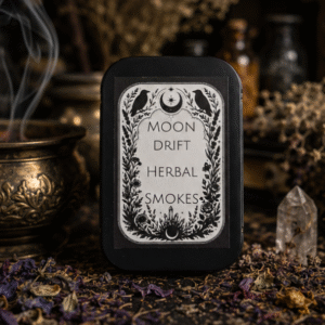 Moon Drift herbal smokes tin containing 10 handcrafted botanical smoking blends by Roaming Raven