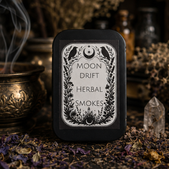 Moon Drift herbal smokes tin containing 10 handcrafted botanical smoking blends by Roaming Raven