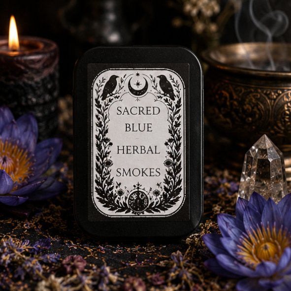 Sacred Blue herbal smokes tin containing 10 handcrafted blue lotus herbal smokes by Roaming Raven