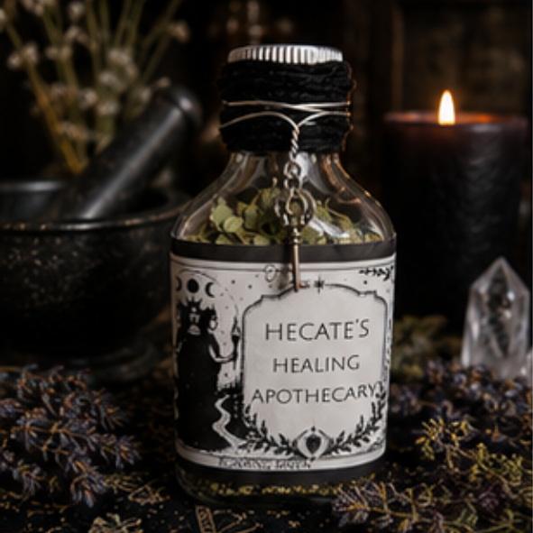 Hecate's Healing Apothecary herbal healing blend in a glass bottle with botanical ingredients and charm by Roaming Raven