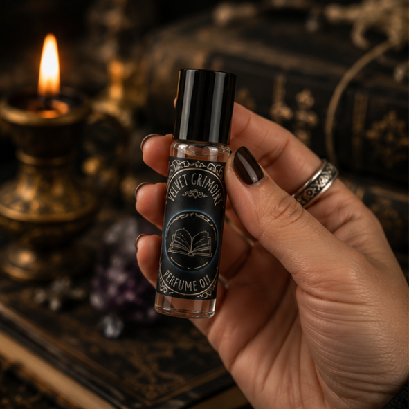 Velvet Grimoire perfume oil in a 10ml roller bottle with gothic book artwork by Roaming Raven.