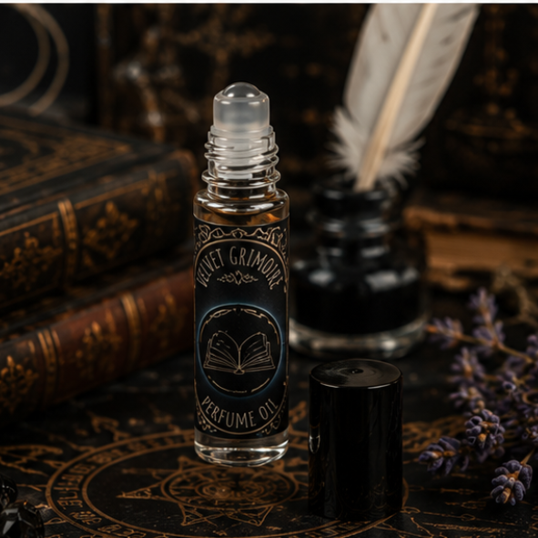 Velvet Grimoire perfume oil in a 10ml roller bottle with gothic book artwork by Roaming Raven.