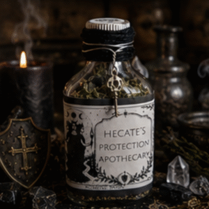 Hecate's Protection Apothecary herbal protection blend in a glass bottle with botanical ingredients and charm by Roaming Raven