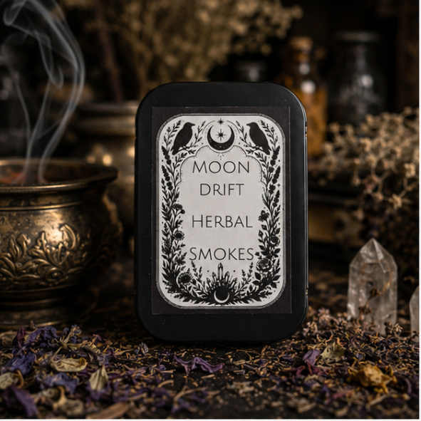 Moon Drift Herbal Smokes with botanical refill blend and reusable tin containing 10 handcrafted tobacco-free herbal smokes by Roaming Raven.