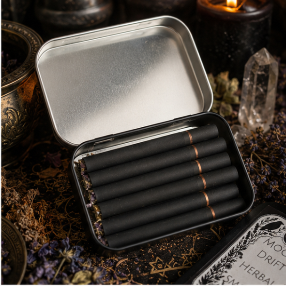 Moon Drift Herbal Smokes with botanical refill blend and reusable tin containing 10 handcrafted tobacco-free herbal smokes by Roaming Raven.
