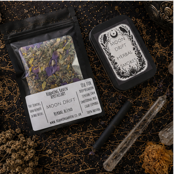 Moon Drift Herbal Smokes with botanical refill blend and reusable tin containing 10 handcrafted tobacco-free herbal smokes by Roaming Raven.