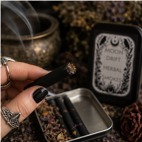 Moon Drift Herbal Smokes with botanical refill blend and reusable tin containing 10 handcrafted tobacco-free herbal smokes by Roaming Raven.