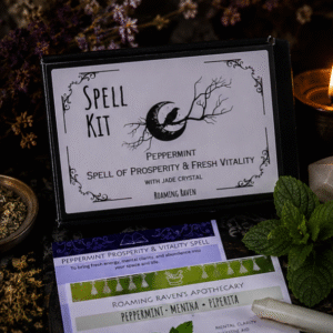 Peppermint spell kit with dried peppermint, jade crystal, ritual candle and spell guide by Roaming Raven