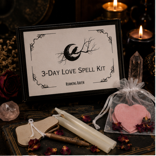 3-Day Love Spell Kit with ritual candle, heart wishes, spell scroll and rose quartz crystal by Roaming Raven
