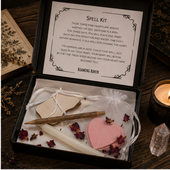 3-Day Love Spell Kit with ritual candle, heart wishes, spell scroll and rose quartz crystal by Roaming Raven