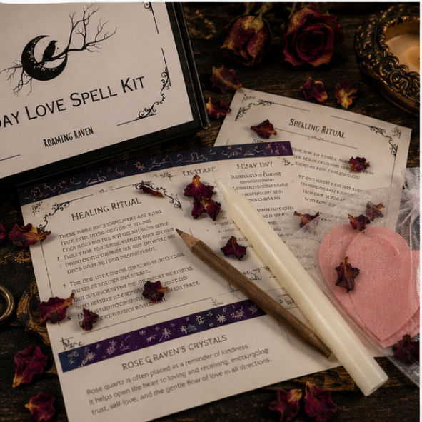 3-Day Love Spell Kit with ritual candle, heart wishes, spell scroll and rose quartz crystal by Roaming Raven