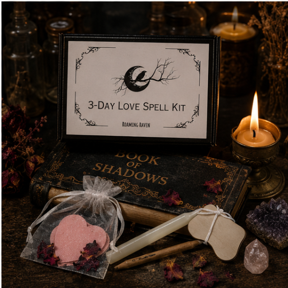 3-Day Love Spell Kit with ritual candle, heart wishes, spell scroll and rose quartz crystal by Roaming Raven