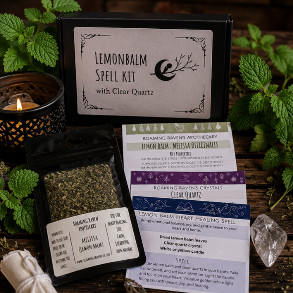 Lemon Balm (Melissa) spell kit with dried herbs, ritual candles, clear quartz crystal and spell scroll by Roaming Raven