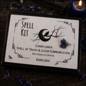 Cornflower spell kit with dried cornflowers, ritual candle, blue crystal and spell scroll by Roaming Raven